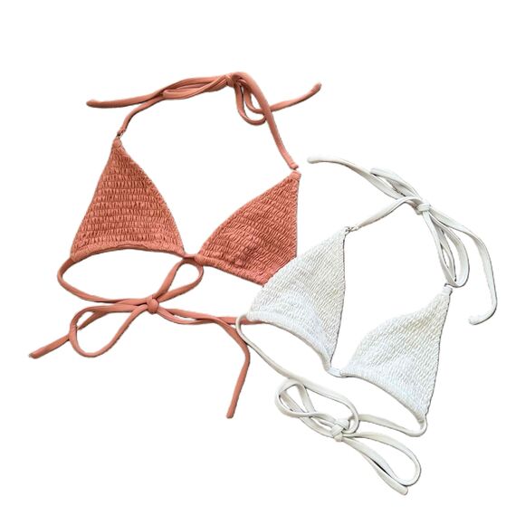IShine365 Bikini Top Bundle S Small Smocked Triangle Tie Neck Rust White Nylon - Picture 1 of 6